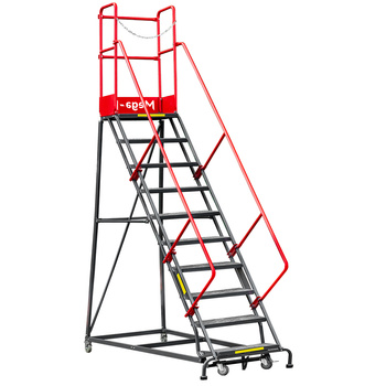 Drabina magazynowa przejezdna pomost magazynowy Mega-M H 255 cm 10 stopni hamulec schodkowy