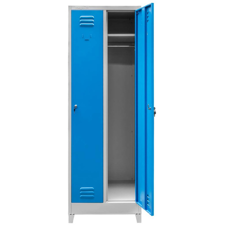 Szafka ubraniowa BHP Mega-M J-60 na podstawie z nóżkami 2 drzwiowa szara/ niebieski front  S-60 cm G-50 cm H-190 cm skręcana N