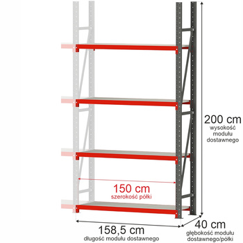 Regał metalowy magazynowy 4-półkowy Mega-M FORTIS H-200 cm L-158.5 cm G-40 cm moduł dostawny