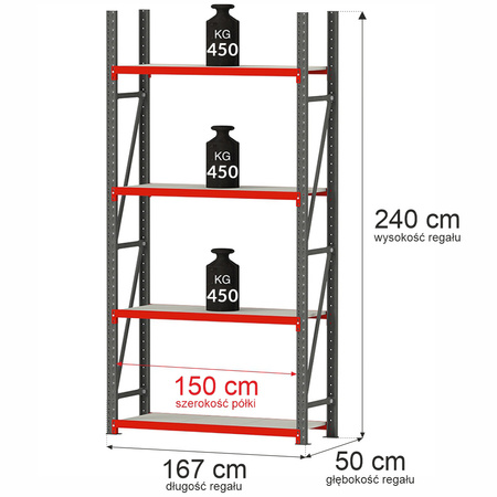 Regał metalowy magazynowy 4-półkowy Mega-M FORTIS H-240 cm L-167 cm G-50 cm moduł bazowy