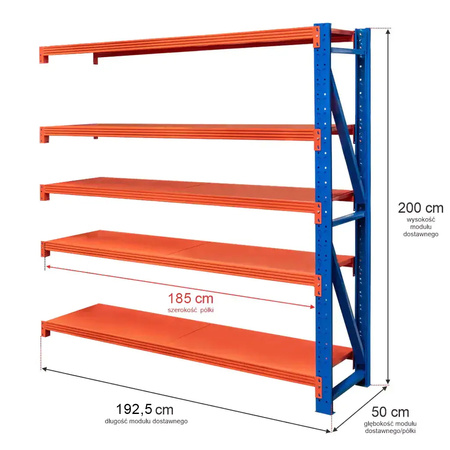Regał metalowy magazynowy 5-półkowy Mega-M FORTIS LIGHT H-200 cm L-192.5 cm G-50 cm moduł dostawny