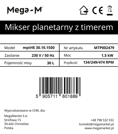 Mikser planetarny z timerem 30L Mega-M mptHE 30.10.1500