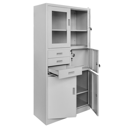 Szafa biurowa metalowa Mega-M WENUS W-13 na akta przeszklona z sejfem szara S- 90 cm G- 40 cm H-185 cm skręcana N