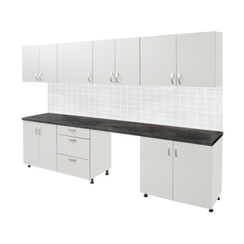 Zestaw mebli kuchennych do pomieszczeń socjalnych Mega-M L-287 cm G-60 cm H-91 cm Popiel Egger