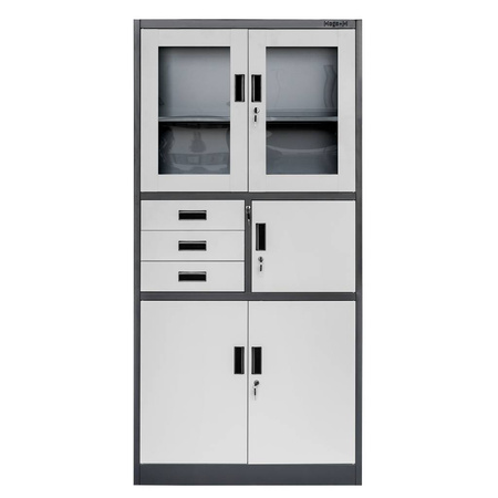 Szafa biurowa metalowa Mega-M WENUS W-15 na akta przeszklona z sejfem grafitowa / szary front S- 90 cm G- 40 cm H-185 cm skręcana N