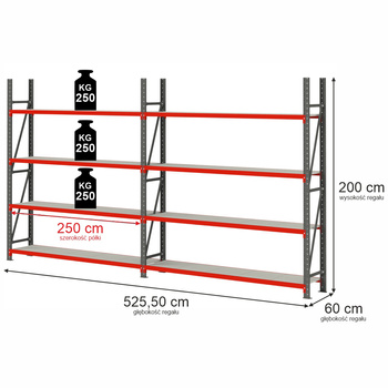 Regał magazynowy 8-półkowy Mega-M FORTIS H-200 cm L-525.5 cm G-60 cm