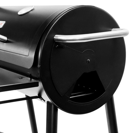 Grill ogrodowy węglowy beczka z pokrywą i kominem Mega-M stolik boczny 53x29 cm