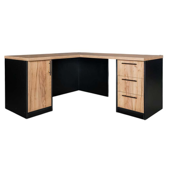 Biurko narożne przyścienne z szafką i szufladami Mega-M L-160cm G-60cm H-76cm dąb kraft/czarny