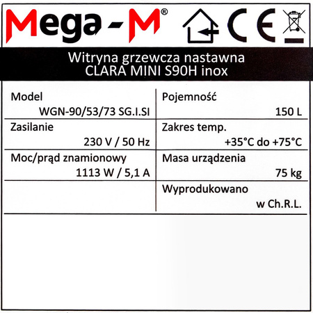 Witryna grzewcza nastawna Mega-M CLARA MINI S90H s-90cm G-53 cm H-69 cm inox N