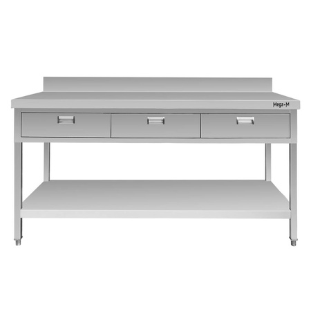 Stół gastronomiczny ze stali nierdzewnej przyścienny z półką i 3 szufladami Mega-M 150x70x85 cm