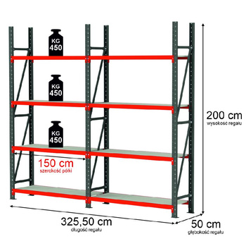 Regał magazynowy 8-półkowy Mega-M FORTIS H-200 cm L-325.5 cm G-50 cm