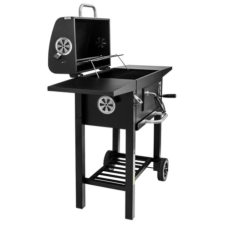 Grill ogrodowy węglowy z pokrywą i rusztem emaliowanym Mega-M 2x stolik boczny 42x30 cm