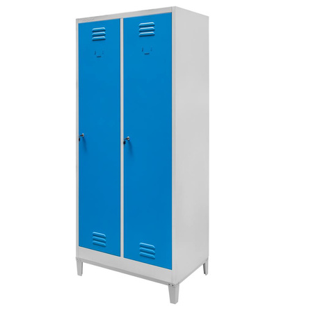 Szafka ubraniowa BHP Mega-M J-80 na podstawie z nóżkami 2 drzwiowa z przegrodami szara/ niebieski front S-80 cm G-50 cm H-190 cm skręcana N