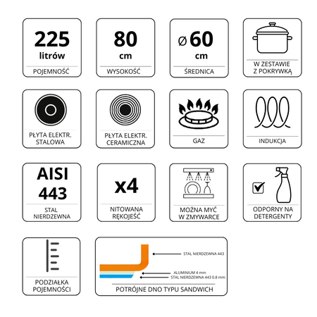 Garnek ze stali nierdzewnej AISI 443 wysoki z pokrywką Mega-M PRO 225L 60x80 cm