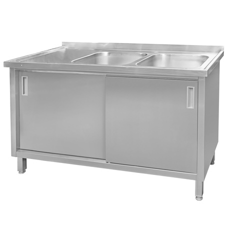 Zlew gastronomiczny spawany dwukomorowy z szafką Mega-M 140x60x85 cm stal nierdzewna