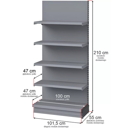 Regał sklepowy Mega-M Merkury przyścienny H-210 cm L-101,5 cm G-47/4x47 cm (GC-55 cm) grafit moduł dostawny N