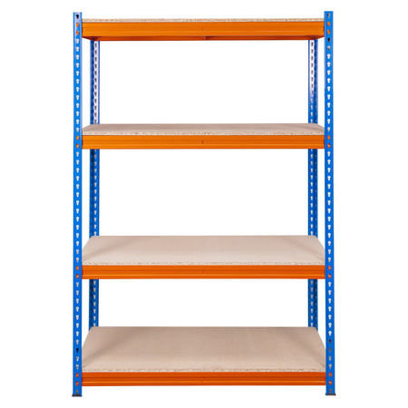 Regał magazynowy Mega-M Pro Max H-180 cm L-120 cm G-45 cm 4 półki z płyty wiórowej 15 mm (500kg) niebieski/pomarańczowy 2 kartony N