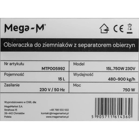 Obieraczka do ziemniaków z separatorem obierzyn Mega-M 15L.750W 230V N