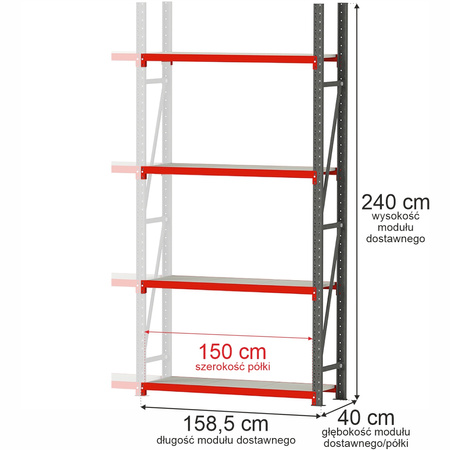 Regał metalowy magazynowy 4-półkowy Mega-M FORTIS H-240 cm L-158.5 cm G-40 cm moduł dostawny