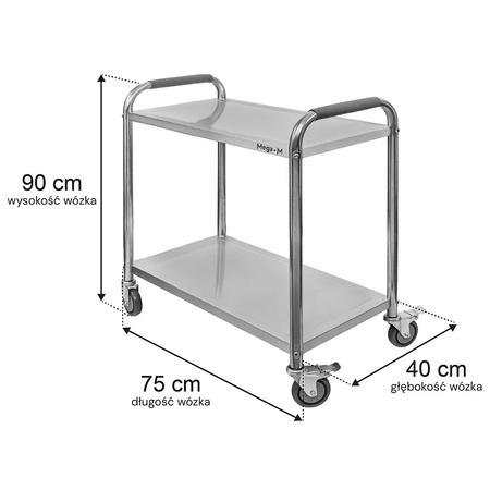 Wózek kelnerski ze stali nierdzewnej 2-półkowy Mega-M STANDARD S-75 cm G-40 cm H-90 cm N