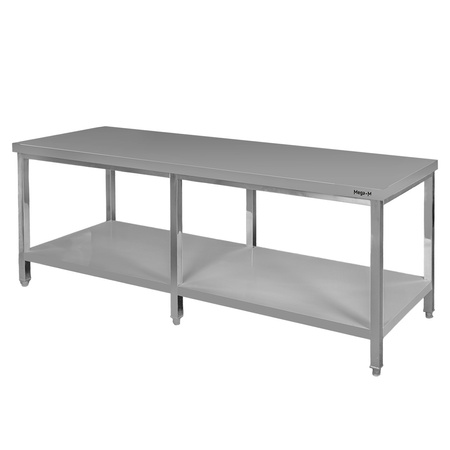 Stół gastronomiczny ze stali nierdzewnej centralny z półką i 6 nogami Mega-M 220x70x85 cm