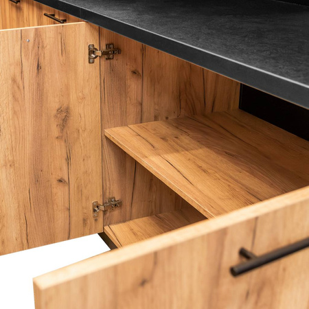 Regał ekspozycyjno-sprzedażowy zakasowy Mega-M H- 230 cm L- 364 cm G- 63 cm dąb kraft/czarny