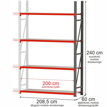 Regał magazynowy 4-półkowy Mega-M FORTIS 240x208,5x60 cm moduł dostawny