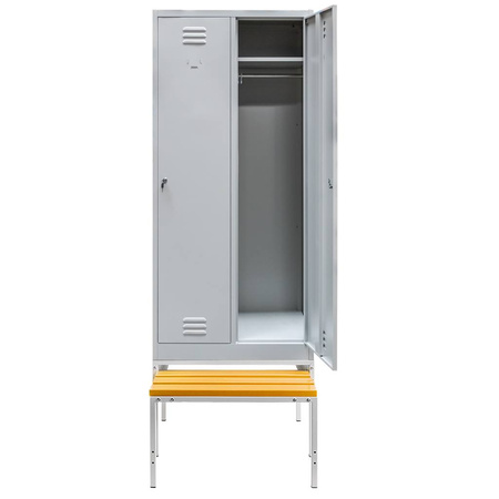 Szafka ubraniowa BHP Mega-M J-80 na podstawie z wysuwaną ławeczką 2 drzwiowa szara S-80 cm G-80 cm H-223 cm skręcana N