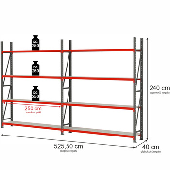 Regał magazynowy 8-półkowy Mega-M FORTIS H-240 cm L-525.5 cm G-40 cm
