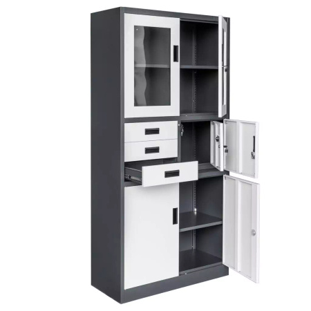 Szafa biurowa metalowa Mega-M WENUS W-15 na akta przeszklona z sejfem grafitowa / szary front S- 90 cm G- 40 cm H-185 cm skręcana N