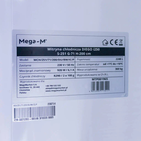 Witryna chłodnicza Mega-M DIEGO i250 S-251 cm G-71cm H-200 cm N
