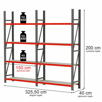 Regał magazynowy 8-półkowy Mega-M FORTIS H-200 cm L-325.5 cm G-40 cm