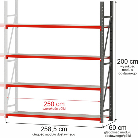 Regał magazynowy 4-półkowy Mega-M FORTIS H-200 cm L-258,5 cm G-60 cm moduł dostawny N