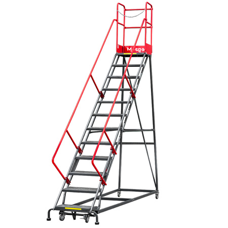 Drabina magazynowa przejezdna pomost magazynowy Mega-M H 306 cm 12 stopni hamulec schodkowy