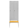 Szafka ubraniowa BHP Mega-M J-80 na podstawie z wysuwaną ławeczką 2 drzwiowa z przegrodami szara S-80 cm G-80 cm H-223 cm skręcana N