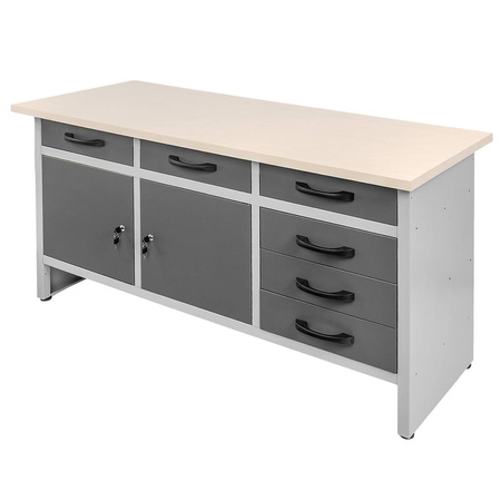 Stół warsztatowy z 6 szufladami 2 szafkami zamykanymi Mega-M HANDYMAN S-160 cm G-60 cm H-85 cm grafit