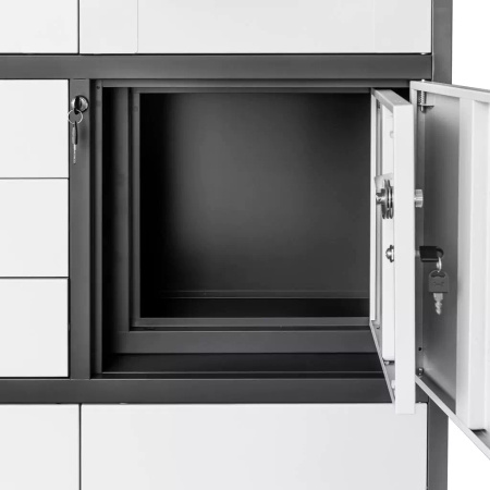 Szafa biurowa metalowa Mega-M WENUS W-15 na akta przeszklona z sejfem grafitowa / szary front S- 90 cm G- 40 cm H-185 cm skręcana N