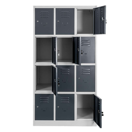 Szafka skrytkowa BHP Mega-M J-90/12 12 drzwiowa szara/ grafitowy front S-90 cm G-50 cm H-180 cm skręcana N
