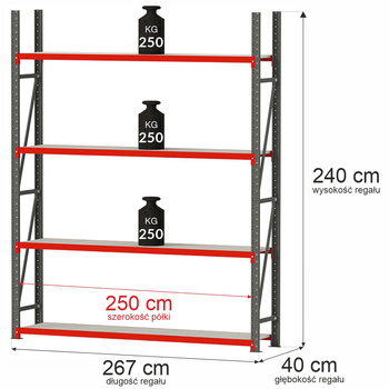 Regał metalowy magazynowy 4-półkowy Mega-M FORTIS H-240 cm L-267 cm G-40 cm moduł bazowy