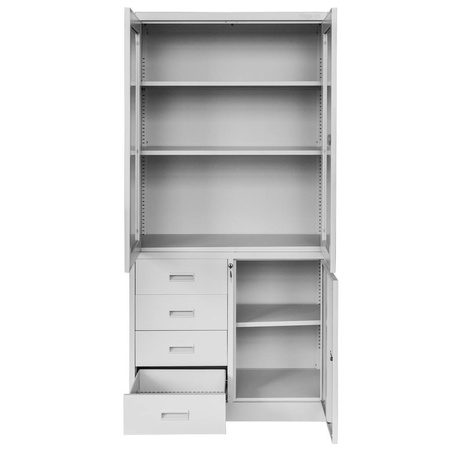 Szafa biurowa metalowa Mega-M WENUS W-09 na akta przeszklona z szufladami szara S- 90 cm G- 40 cm H-185 cm skręcana N