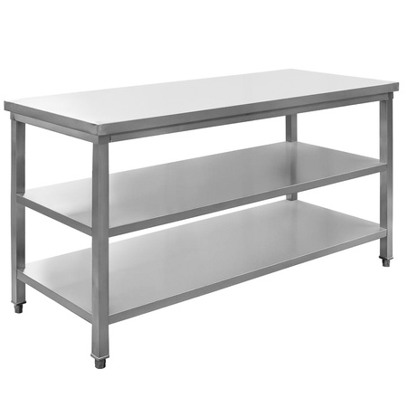 Stół ze stali nierdzewnej centralny z 2-ma półkami Mega-M S-150 cm G-60 cm H-85 cm N
