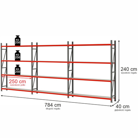 Regał magazynowy 12-półkowy Mega-M FORTIS H-240 cm L-784 cm G-40 cm