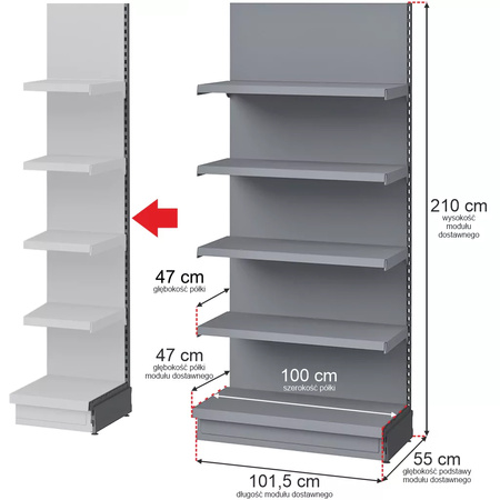 Regał sklepowy Mega-M Merkury przyścienny H-210 cm L-101,5 cm G-47 cm moduł dostawny grafitowy
