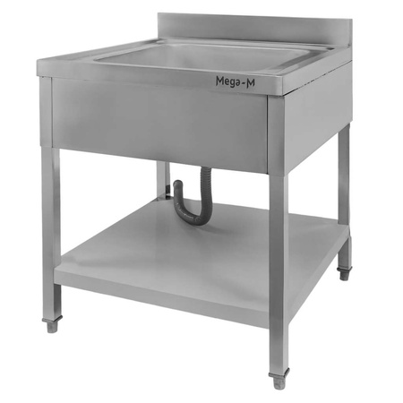 Zlew gastronomiczny jednokomorowy z maskownicą, półką i syfonem z rurą odpływową Mega-M 70x70x85 cm stal nierdzewna