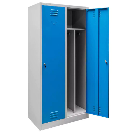 Szafka ubraniowa BHP Mega-M J-80 2 drzwiowa z przegrodami szara/ niebieski front S-80 cm G-50 cm H-180 cm skręcana N