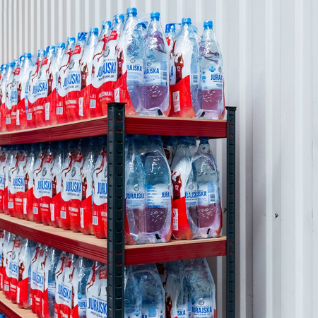 Regał magazynowy Mega-M BASIC PLUS H-180 cm L-180 cm G-45 cm 5 półek z MDF 6.8 mm 275 kg grafitowo-czerwony