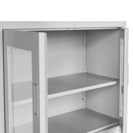 Szafa biurowa metalowa na akta Mega-M WENUS przeszklone drzwi sejf S- 90 cm G- 40 cm H-185 cm szara skręcana