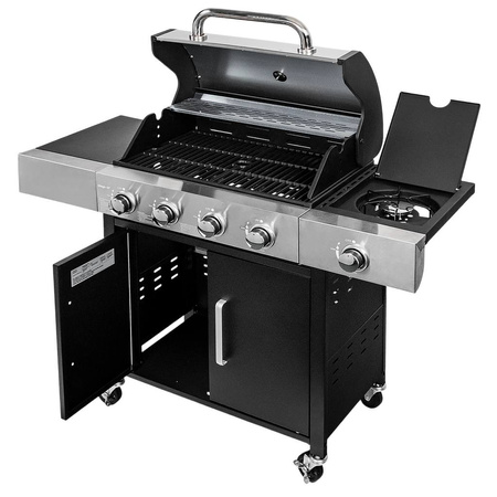 Grill ogrodowy gazowy Mega-M 4+1 ze stolikiem bocznym z pokrywą ze stali nierdzewnej reduktor + wąż gazowy