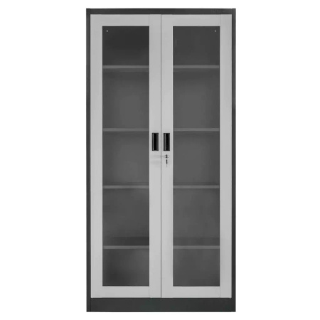 Szafa biurowa metalowa Mega-M WENUS W-07 na dokumenty przeszklone drzwi grafitowa / szary front S- 90 cm G- 40 cm H-185 cm skręcana N