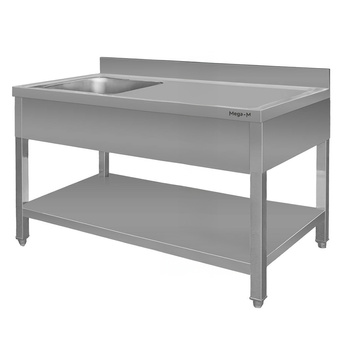 Stół ze stali nierdzewnej przyścienny ze zlewem po lewej stronie i z półką Mega-M S-160 cm G-60 cm H-85 cm N